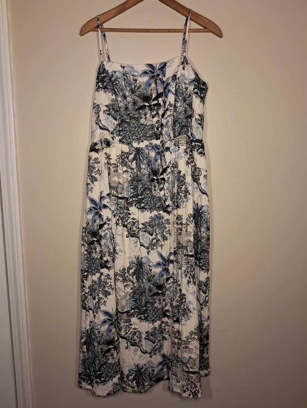 H&M Cream Midi Dress with Blue Botanical Animal Print